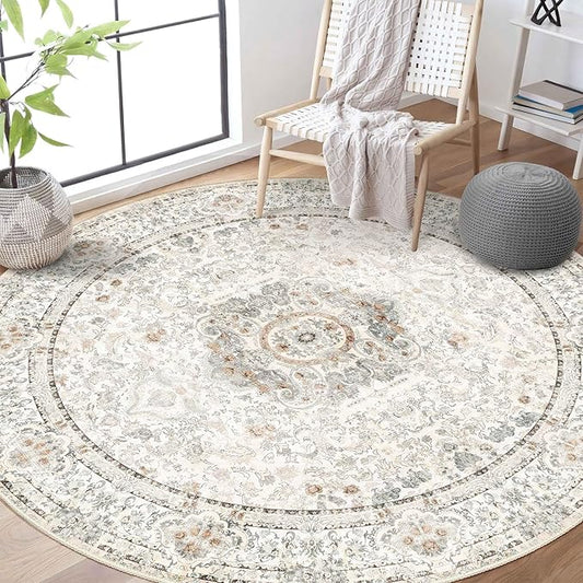 Boho Round Rug 6ft,Washable Circle Area Rugs for Bedroom Living Room,Beige Vintage Bohemian Distressed Oriental Floral Carpet Non Slip