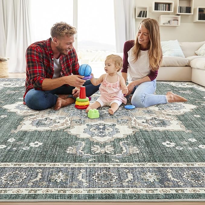 Area Rug for Living Room - 7x9 Soft Washable Oriental Vintage Floral Distressed Large Carpet - Fade Stain Resistant Non Slip Rugs for Bedroom Dining Room Nursery Dorm Office Home Decor - Green