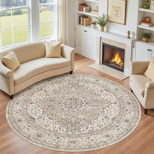 Washable 8 Ft Round Area Rug - Vintage Floral Stain & Fade Resistant Non-Slip Backing Carpet for Living Room, Bedroom, Dining Room, Home Office Floor Decor Large Carpets (Brown/Beige)