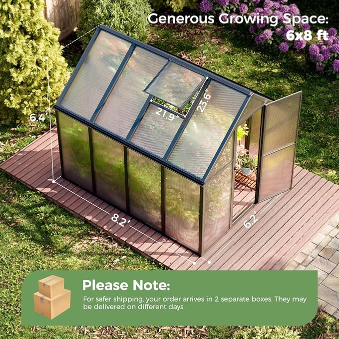 8.2x6.2 FT Outdoor Greenhouse, Easy Assembly Aluminum Heavy Duty Polycarbonate, Vent Window, Swing Door, Walk-in, for Sunroom, Patio, Backyard, Garden, Black