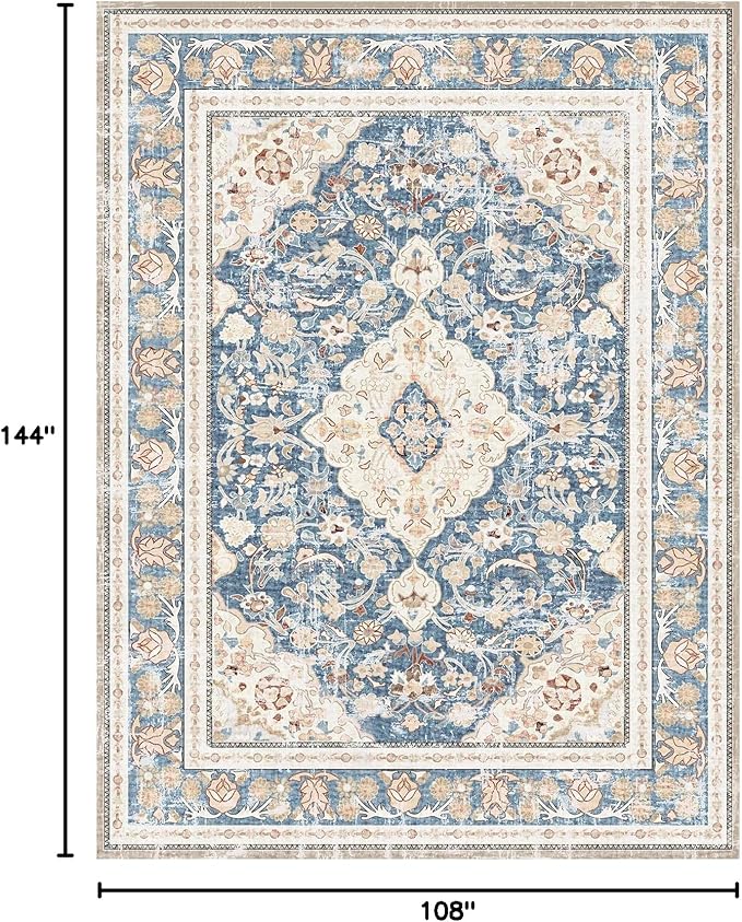 Vhong Washable Area Rugs Boho Vintage Modern Neutral Large Carpet Blue High Traffic Rugs 9×12 for Dinning Room Living Room Bedroom Farmhouse Non Slip