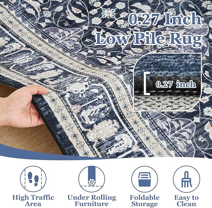 Dark Blue 2x6 Runner Rug for Hallways, Boho Floral Moroccan Trellis Printed Kitchen Bathroom Runner 6ft, Non Slip Washable Low Pile Thin Carpet Runner for Mudroom/Laundry Room/Bedroom Bedside