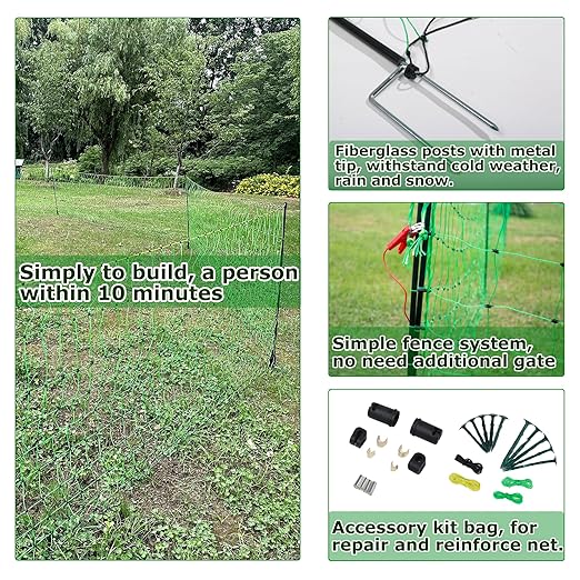 Electric Fence Netting, 35.4" H x 164' L, PE Net Fencing with 14 Posts Double Spiked, Utility Portable Mesh for Goats, Sheep, Lambs, Deer, Hogs, Dogs, Used in Backyards, Farms and Ranches