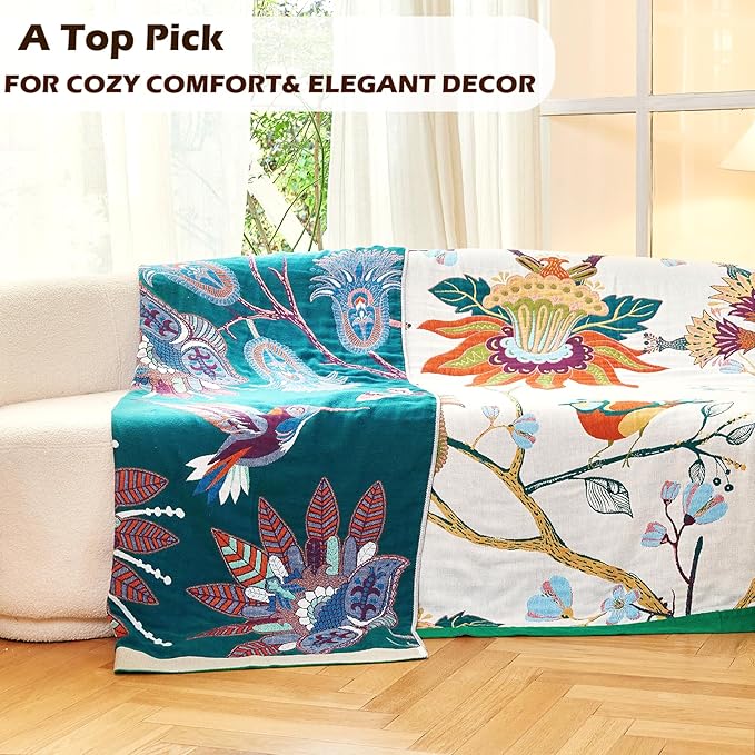 Boho Throw Blanket, 100% Organic Cotton Breathable Skin-Friendly Ultra Soft Bed Quilt Throw - All Season Floral Bird Farmhouse Décor Luxury Blanket for Sofa Couch Chair and Gift. 60" x 80"