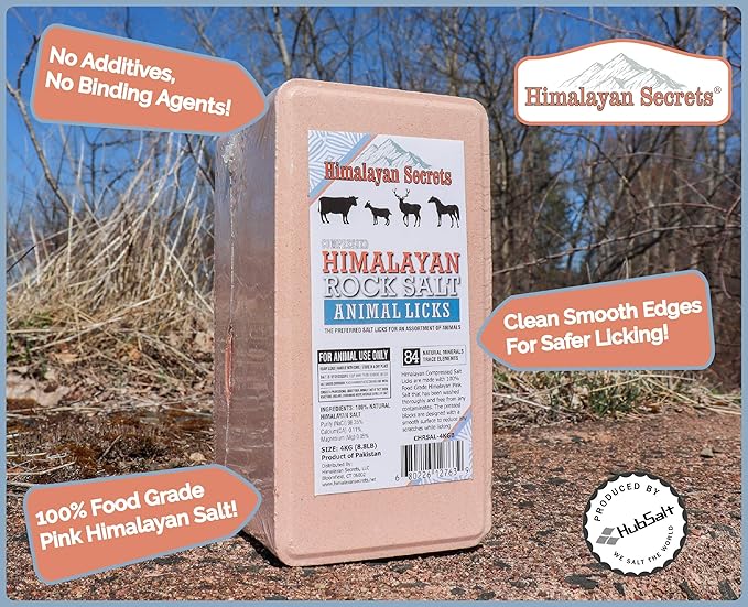 Himalayan Secrets Compressed Pink Salt Lick Brick for Livestock & Wildlife, Pure & Natural Feed Salt Block, Minerals & Trace Elements, No Additives, Durable & Long Lasting, 8.8LB (4KG)