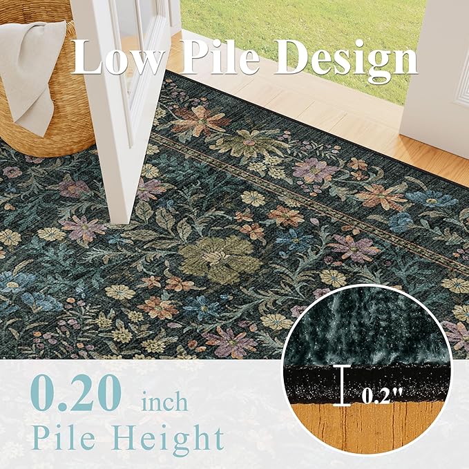 DUKINO 2x3 Entryway Rug, Floral Washable Area Rug with Non Slip Indoor Door Mat, Vintage Low Pile Small Front Door Throw Carpet for Kitchen, Entrance, Bathroom, Bedroom, Blue