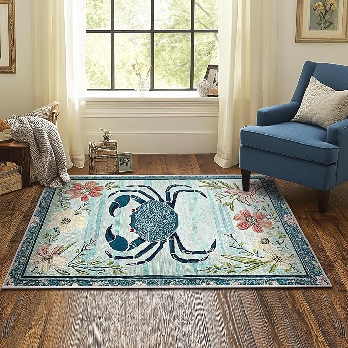 3x5 Crab Area Rugs Boho Teal Rug for Bathroom Kitchen Entryway Indoor Soft Non-Slip Thin Hippie Carpet Small Floral Doormat for Office Dining Room Home Decor Under Table Washable Machine