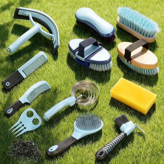 Horse Grooming Kit, 14-in-1 Professional Horse Brush Supplies Set for Grooming & Care, with Horse Brushes, Curry Comb, Hoof Pick & Waterproof Storage Tote Bag for Shining, Detangling, Massaging