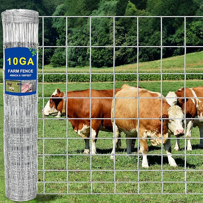 10GA Thickened Heavy Duty Farm Fence, 4ftx100ft Galvanized Cattle Fence, Goat Fence, Heavy Zinc Coating Wire Fencing, Wire Fencing for Hog Deer Horse