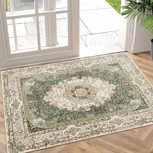 Small Rugs 2x3,Green Rug for Entryway Bathroom Bedroom Kitchen Entrance Doormat,Boho Vintage Bohemian Distressed Washable Accent Floor Throw Carpet Non Slip,Floral