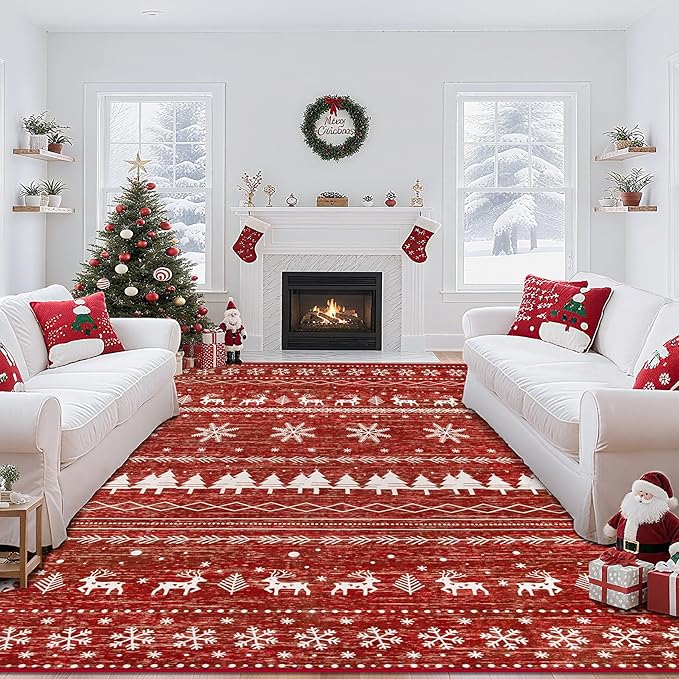 Christmas Living Room Rugs 8x10: Washable Moroccan Geometric Boho Rug Non Slip Stain Resistant Large Rugs Low Pile Soft Carpet for Xmas Holiday Decor Bedroom Dining Room Playroom (Xmas Red,8'x10')