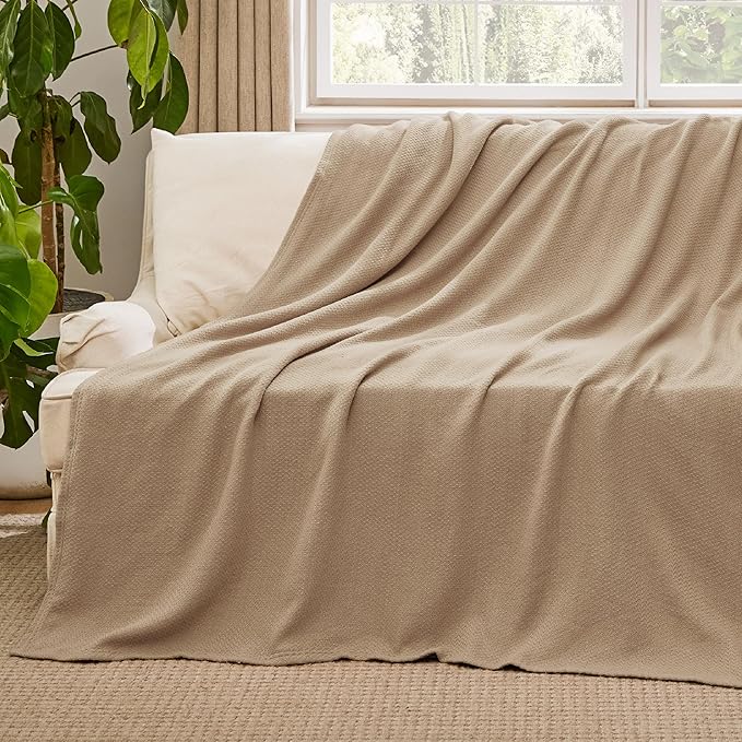 Bedsure GentleSoft 100% Cotton Blanket Twin XL Size for Bed - Breathable and Lightweight, Soft Cozy Textured Herringbone Woven Summer Blanket for College Dorm, Taupe, 66x90 inches