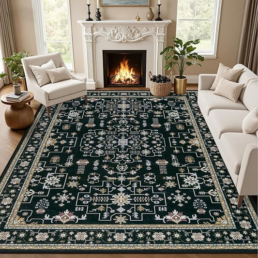 Area Rugs 9x12 Living Room Rug: Washable Rug Soft Vintage Boho Medallion Carpet Indoor Floor Non-Slip Stain Resistant Large Carpets for Bedroom Dining Room Farmhouse Nursery Home Office Black