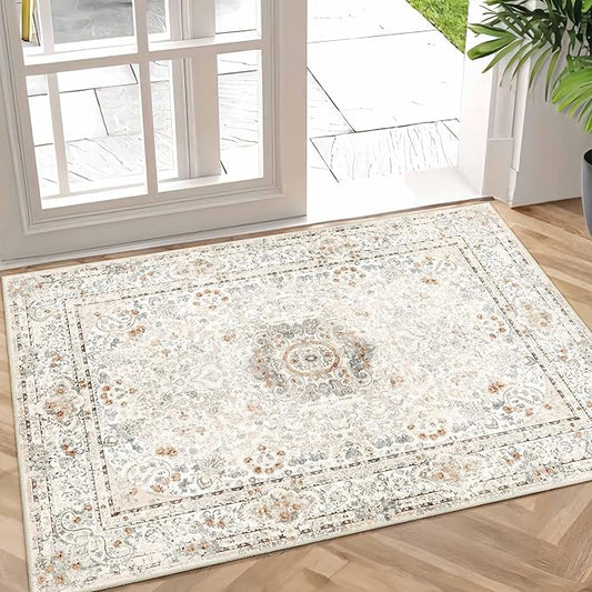 Small Rugs 2x3,Boho Rug for Entryway Bathroom Bedroom Kitchen Entrance Doormat,Vintage Bohemian Distressed Washable Accent Floor Throw Carpet Non Slip,Beige