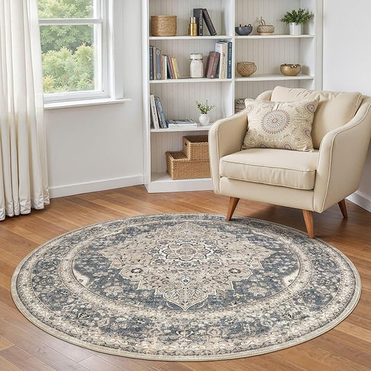 Washable 5 Ft Round Area Rug - 5x5 Area Rugs for Living Room Bedroom Dining Room Home Office Floor Decor- Vintage Floral Stain & Fade Resistant Non-Slip Backing Carpet(Blue/Beige)