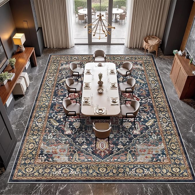 Rugland 8x10 Area Rugs - Stain Resistant Washable Rug, Anti Slip Rugs for Living Room, Vintage Tribal Area Rugs(Medallion 01-Rust/Blue, 8'x10')