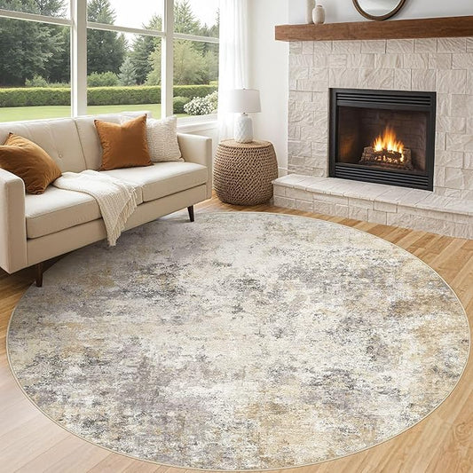 8ft Round Area Rug Living Room Rugs - 8x8 Washable Neutral Modern Abstract Soft Thin Rug Indoor Floor No Slip Rug Carpet for Bedroom Under Dining Table Home Office Decor - Golden Grey