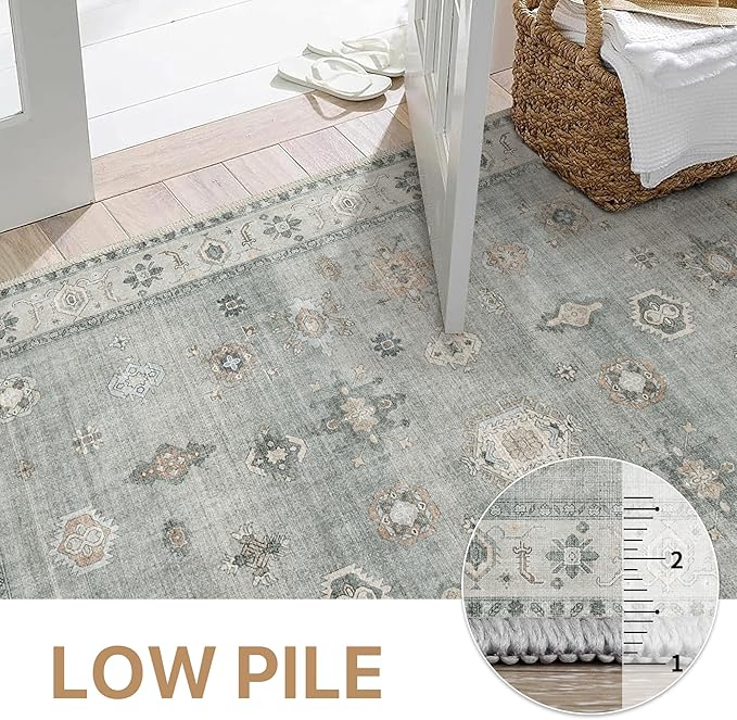 GENIMO 2x5 Runner Rugs for Hallway, Machine Washable Non Slip Vintage Retro Rugs, Low Pile Lightweight Chenille Print Rug for enrtyway, Corridor, Home Office, Bluish Gray
