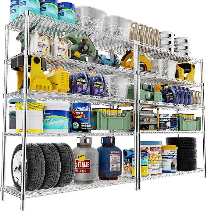 Storage Shelves, 2 PCS 48" L x 20" W x 72" H Heavy Duty Garage Wire Shelving Unit Loads 2000LBS, 5-Tier Adjustable Metal Industrial Utility Shelf Rack for Kitchen, Laundry Room, Basement