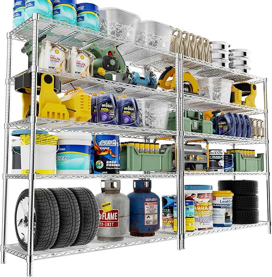 Storage Shelves, 2 PCS 48" L x 20" W x 72" H Heavy Duty Garage Wire Shelving Unit Loads 2000LBS, 5-Tier Adjustable Metal Industrial Utility Shelf Rack for Kitchen, Laundry Room, Basement