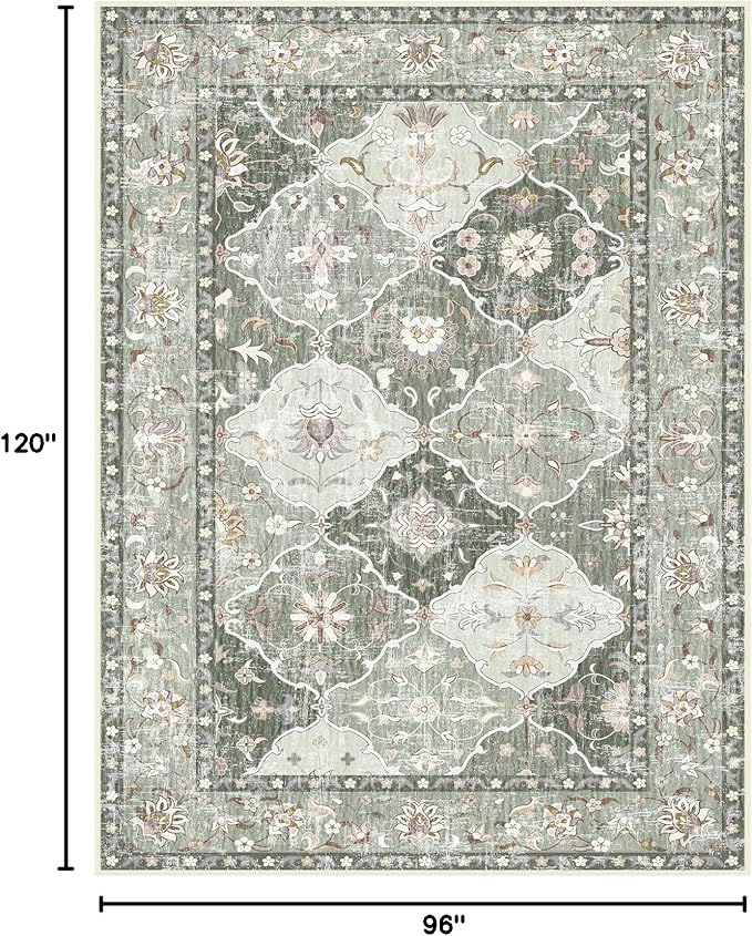 Boho Vintage Area Rugs 8×10 Washable Non-Slip Traditional Green Area Rug for Living Room Bedroom Dining Room Farmhouse