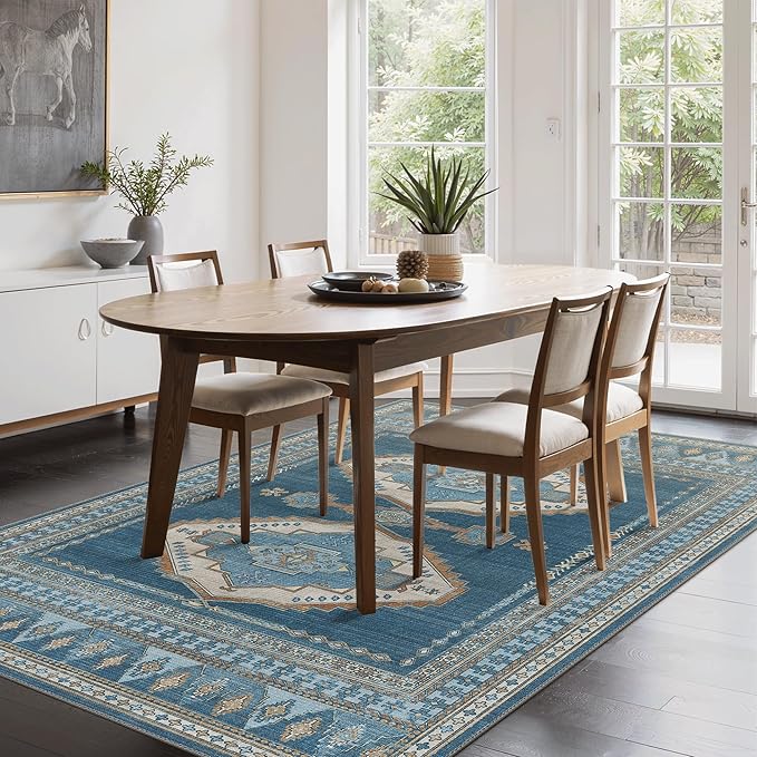 GENIMO Machine Washable 10x14 Area Rugs for Living Room, Non Slip Vintage Rugs, Low Pile Lightweight Chenille Print Rug for Bedroom, Dining Room, Home Office, Navy/Brick