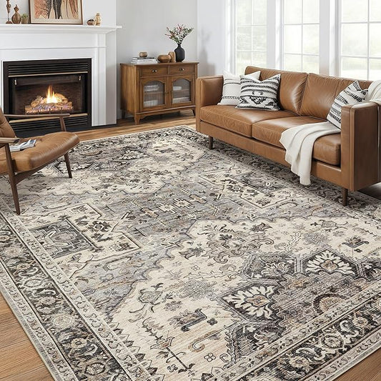 Area Rug for Living Room - 9x12 Soft Machine Washable Oriental Vintage Floral Distressed Large Indoor Floor Carpet for Bedroom Under Dining Table Home Office Decor - Brown