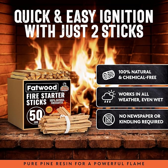 50lb Fatwood Fire Starter Sticks | 100% Natural Fire Starters for Fire Pit, Wood Stoves, Fireplaces & Bonfire | Easy Start w/Just 2 Sticks Burns in All Weather Conditions by Billy Buckskin (50lb Box)