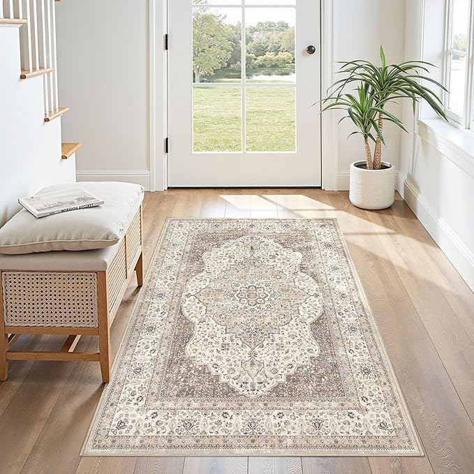 3x5 Washable Entryway Rug: Non-Slip Soft Indoor Throw Area Rug for Living Room Bedroom Kitchen, Boho Floral Distressed Durable Carpet for Hallway Bathroom Laundry Home Decor (Brown/Beige)