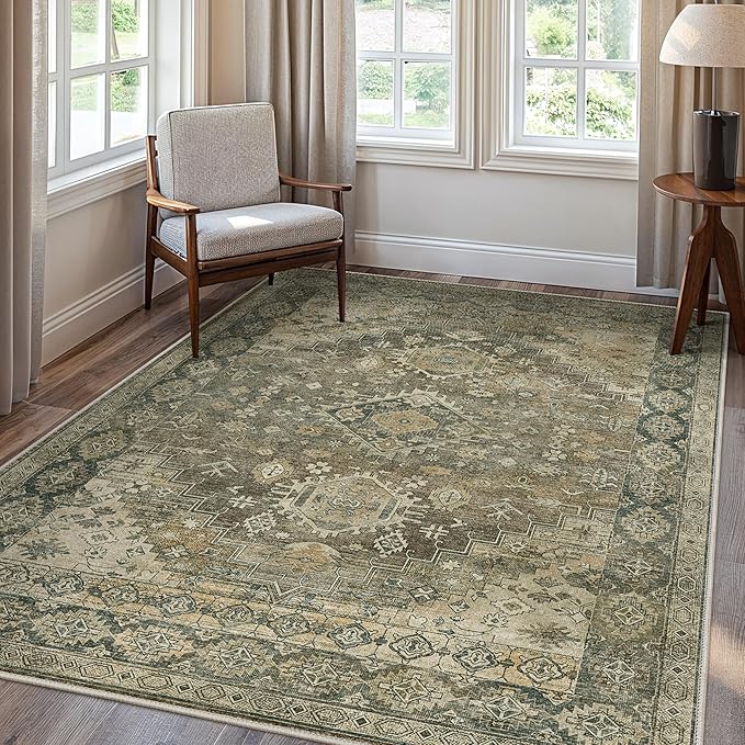 GENIMO Machine Washable 8x10 Area Rugs for Living Room, Non Slip Vintage Rugs, Low Pile Lightweight Chenille Print Rug for Bedroom, Dining Room, Home Office,Green Khaki