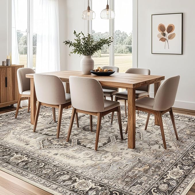 Area Rug for Living Room - 9x12 Soft Machine Washable Oriental Vintage Floral Distressed Large Indoor Floor Carpet for Bedroom Under Dining Table Home Office Decor - Grey Brown
