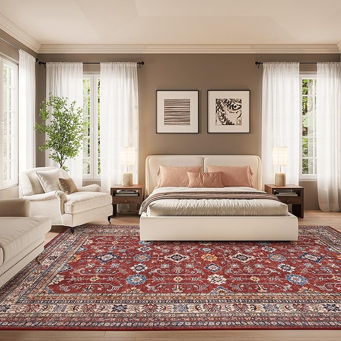 Rugland 5x7 Area Rugs - Stain Resistant Washable Rug, Anti Slip Backing Rugs for Living Room, Vintage Tribal Area Rugs(Burgundy, 5'x7')