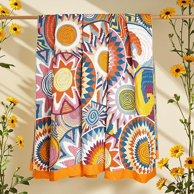 Boho Throw Blanket, 100% Organic Muslin Cotton Skin-friendly Breathable Ultra Soft Bed Quilt Throw - All Season Bohemian Decor Luxury Colorful Blanket for Sofa Couch Chair and Gift. 50" x 60"