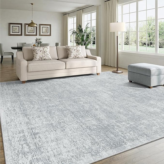 Madane 9x12 Area Rugs for Living Room, Machine Washable Rug with Anti-Slip Backing, Soft Vintage Large Area Rug, Floral Print Floor Carpet for Bedroom Dining Room (9 x 12, Light Grey)