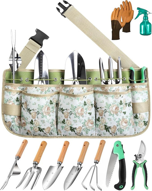 All-in-One Garden Tool Set with Tools Organizer Belt Adjustable, 10-Piece Gardening Hand Tools, Long Lasting Rust-Proof Premium Garden Tool Kit, Gardening Gift for Women Men (Green)