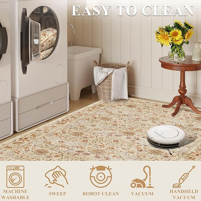 DUKINO 2x4 Rug for Entryway, Lightweight Washable Runner Rug with Non Slip Backing, Vintage Floral Low Pile Small Carpet Runner for Kitchen, Hallway, Entryway, Bathroom, Bedroom, Beige