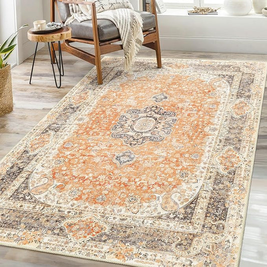 Boho Rug 3x5,Washable Area Rugs for Bedroom Living Room Kitchen Entryway,Small Vintage Bohemian Farmhouse Distressed Non Slip Carpet,Retro Orange Grey Floral