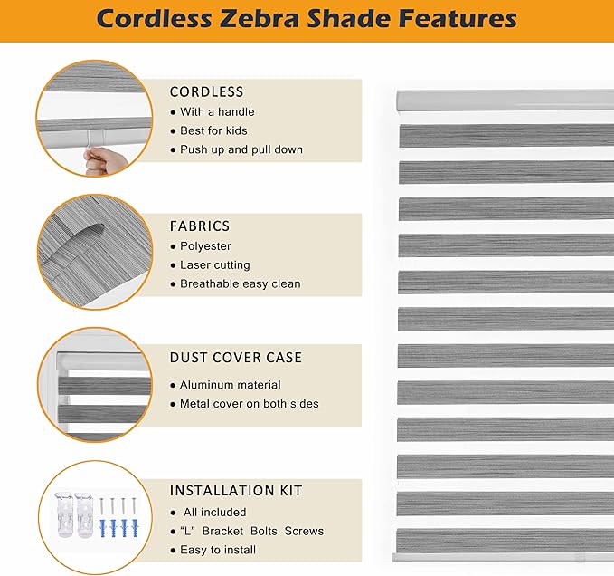 Cordless Zebra Blinds for Indoor Windows Free-Stop Zebra Shades Dual Layer Light Filtering Sheer Shades Roller Window Blinds for Home (24" W X 72" H, Grey)