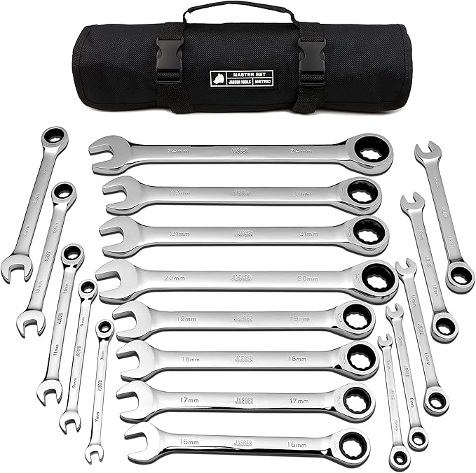 Jaeger 18pc MM/Metric TIGHTSPOT 90-Tooth Ratcheting Wrenches MASTER SET - With BEAR KEEPER Rollup Case