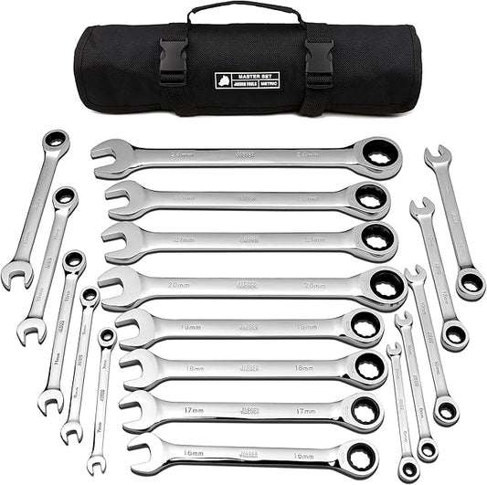 Jaeger 18pc MM/Metric TIGHTSPOT 90-Tooth Ratcheting Wrenches MASTER SET - With BEAR KEEPER Rollup Case