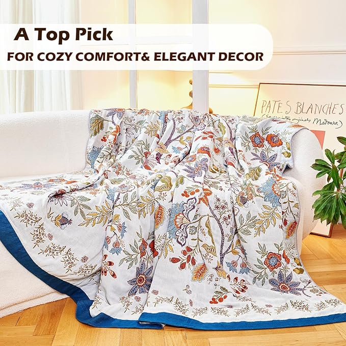 Boho Throw Blanket, 100% Organic Cotton Breathable Skin-Friendly Ultra Soft Bed Quilt Throw - All Season Floral Farmhouse Décor Luxury Blanket for Sofa Couch Chair and Gift. 91" x 98"