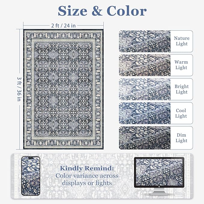 Dark Blue Entry Rugs Indoor, 2x3 Small Door Rugs for Entryway/Kitchen/Bathroom, Washable Non Slip Low Pile Thin Door Mat Indoor Entrance, Boho Floral Moroccan Trellis Printed Transitional Style
