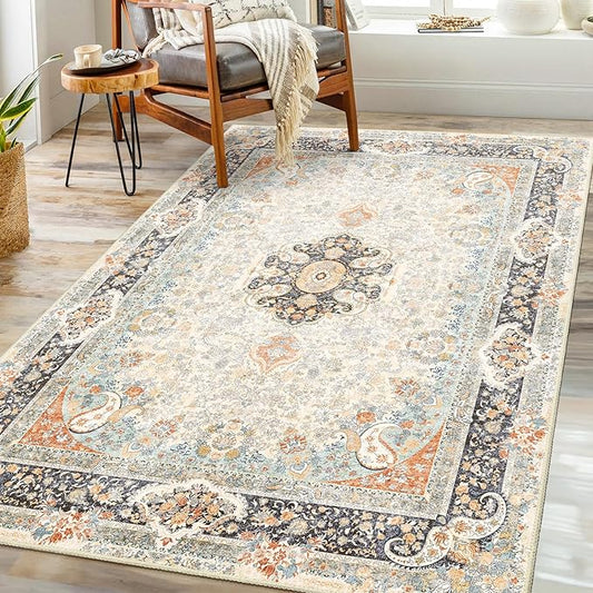Vantage Rug 3x5,Washable Area Rugs for Bedroom Living Room Kitchen Entryway,Small Boho Bohemian Distressed Non Slip Carpet,Retro Blue Grey Floral