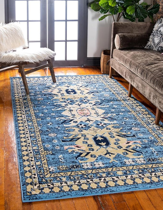 Unique Loom Taftan Collection Border Geometric Tribal Inspired Design Area Rug (6' 0 x 9' 0 Rectangular, Light Blue/ Gold)