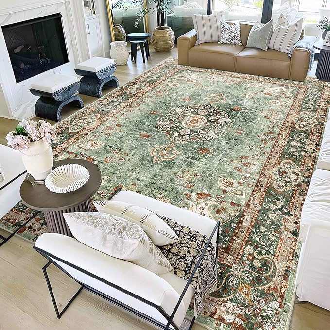 9x12 Area Rugs Washable,Green Rug for Living Room Bedroom Dining Room,Large Boho Vintage Bohemian Distressed Oriental Carpet Non Slip
