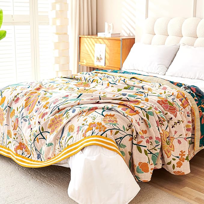 Boho Throw Blanket for Bed, 100% Organic Cotton Breathable Ultra Soft 50" x 60" Quilt Beige Throw - All Season Floral Farmhouse Decor Luxury Reversible Blanket for Sofa Couch Chair and Gift