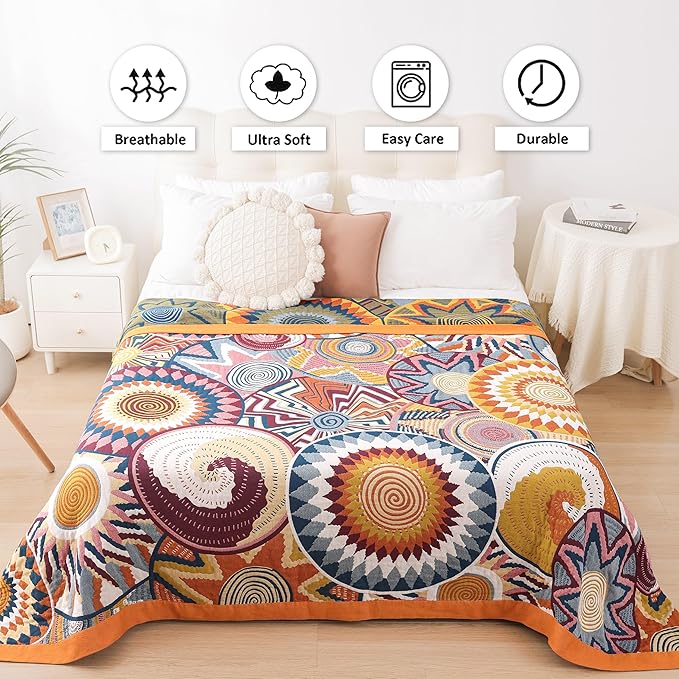 Boho Throw Blanket, 100% Organic Muslin Cotton Skin-friendly Breathable Ultra Soft Bed Quilt Throw - All Season Bohemian Decor Luxury Colorful Blanket for Sofa Couch Chair and Gift. 60" x 80"