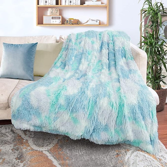 Tuddrom Decorative Extra Soft Faux Fur Blanket Queen Size 80"x90",Solid Reversible Fuzzy Fluffy Plush Fleece Comfy Microfiber Fur Blanket for Couch Sofa Bed,Tie Dye Blue