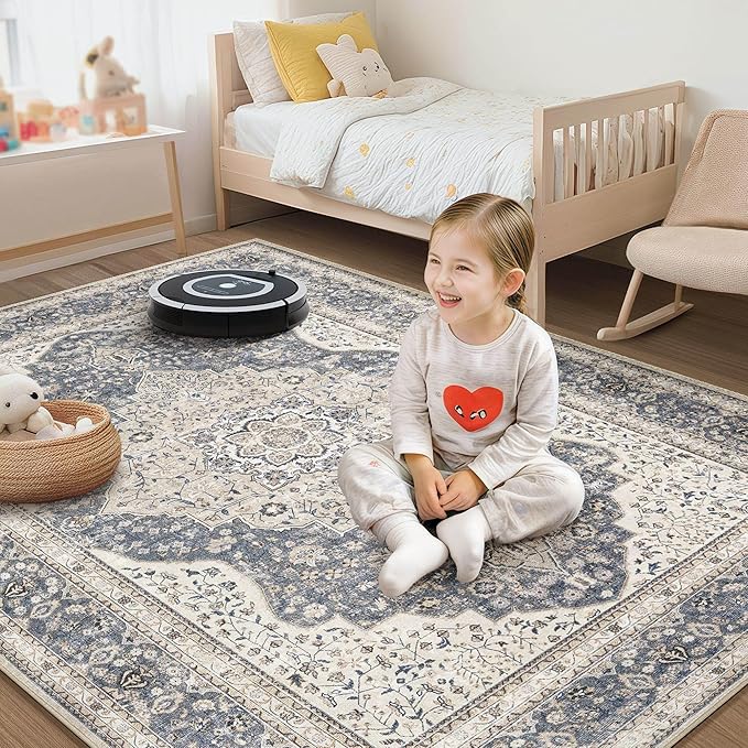 Washable Rug for Living Room - 10x12 Non-Slip Soft Vintage Floral Area Rug for Family Kids & Pet, Stain Resistant Carpet for High Traffic Bedroom Dining Room Teen Dorm Home Decor Aesthetic (Blue)