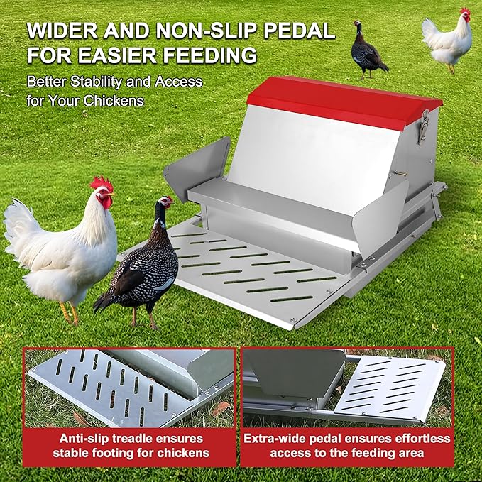 Large Automatic Chicken Feeder-25lb Metal Treadle Chicken Feeder No Waste, Rat Proof Poultry Feeder with Sturdy Galvanized Steel Build & Weatherproof Locking Lid for Duck, Fowl, Pheasants Outdoor Use